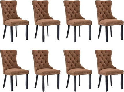SoarFlash Linen Fabric Dining Chair Set of 8, Upholstered Tufted Dining Room Chair with Nailhead Trim and Solid Light Color Wood Leg for Kitchen (Coffee)