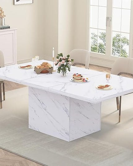 HSH White Faux Marble Dining Table, 63 inch Modern Dinner Table for 6 people, Farmhouse Rectangle Kitchen Table for Living Room, Large Wood Dining Room Tables with strong Pedestal, White Marble, 63 In