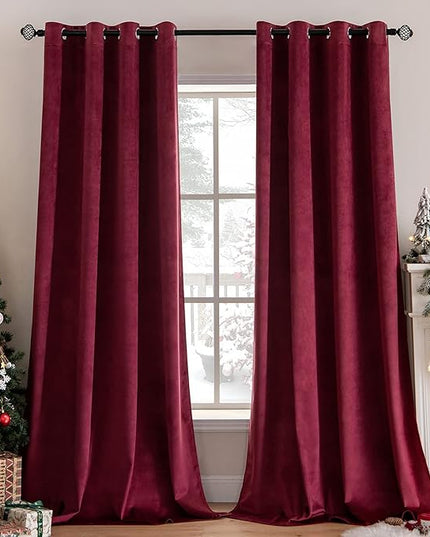 MIULEE Christmas Burgundy Velvet Curtains Solid Soft Red Blackout Curtains Grommet Top Thermal Soundproof Room Darkening Black Out Drapes/Panels for Living Room Bedroom 52 x 108 Inch 2 Panels
