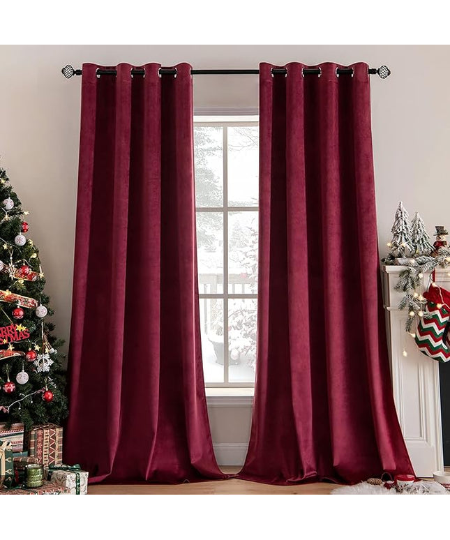 MIULEE Christmas Burgundy Velvet Curtains Solid Soft Red Blackout Curtains Grommet Top Thermal Soundproof Room Darkening Black Out Drapes/Panels for Living Room Bedroom 52 x 108 Inch 2 Panels