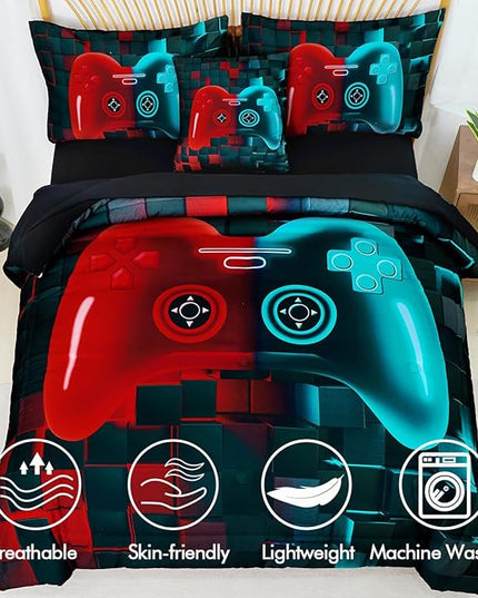 PERFEMET Boys Bedding Set Full 6 Pieces Red and Teal Video Game Kids Bed in A Bag 3D Cool Soft Lightweight Girls Teens Gamer Bed Set with Sheets(Red Teal, Full)