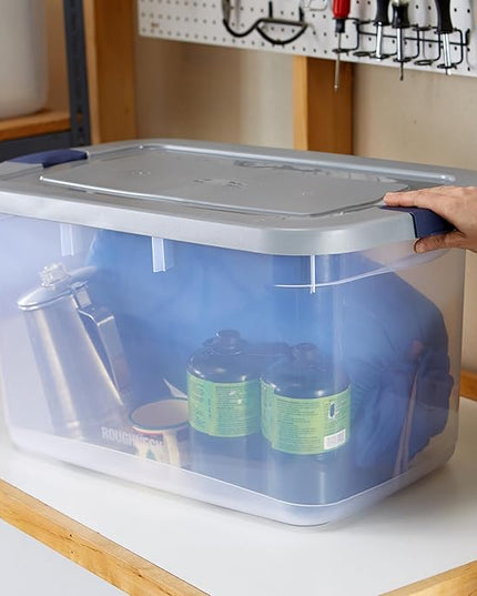Rubbermaid Roughneck Clear 66 Qt/16.5 Gal Storage Containers, Pack of 4 with Latching Grey Lids, Visible Base, Sturdy and Stackable, Great for Storage and Organization