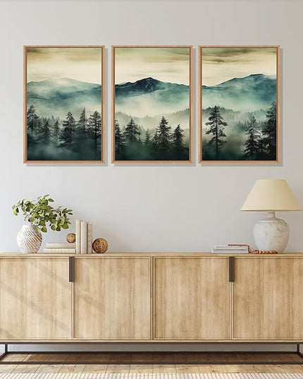 HOURIA Large Boho Mountain Forest Framed Canvas Wall Art Set,Nature Foggy Woodland Wall Decor,Modern Pine Tree Artwork,Watercolor Botanical Art Print for Living Room,Bedroom,Farmhouse- 24"x36"x3