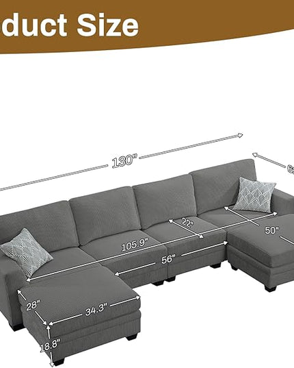 Legend Vansen Oversized Modular Sectional Sofa,6 Seat U Shaped Couch with Ottoman,Corduroy Sofa with Deep Seat,Convertible Large Sectional Couches for Living Room (Grey, U-6)