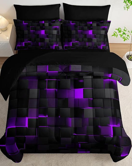 Geometric Violet Black King Comforter Set,Light Honeycomb Bedding Set 7 Piece in A Bag,Bed Sheet Set Geometry Decor,Microfiber Lightweight All Season