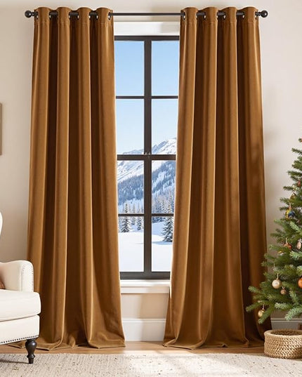 Lazzzy Blackout Velvet Gold Thermal Insulated Curtains 108 Inch Extra Long Drapes for Bedroom Living Room Window Treatments Grommet Luxury Drapes Set of 2 Panels Gold Brown