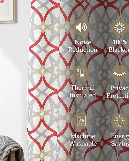 DriftAway Alexander 100% Blackout Curtains for Living Room Linen Blend Pattern Match Thermal Insulated Room Darkening Geo Moroccan Mid Century Grommet Bedroom Drapes 2 Panels 52 x 108 Inch Linen Red