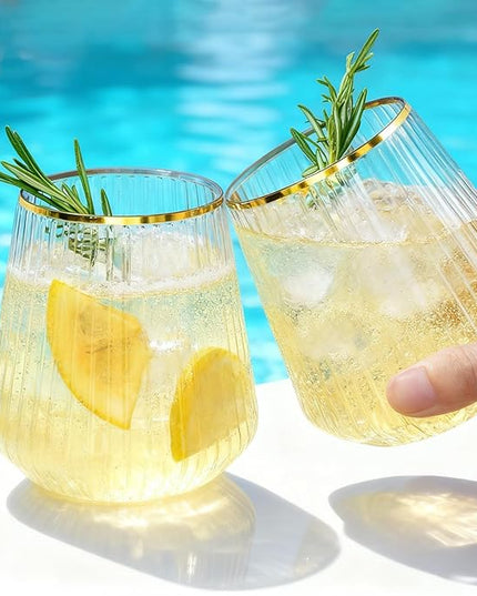 BESTSTAR 72 Pcs 12 oz Plastic Clear Gold Rim Ribbed Wine Glasses, Origami Ripple Disposable Champagne Glasses Elegant Whiskey Glasses Ideal for Weddings, Bars, Christmas, Pool Party, Daily Use