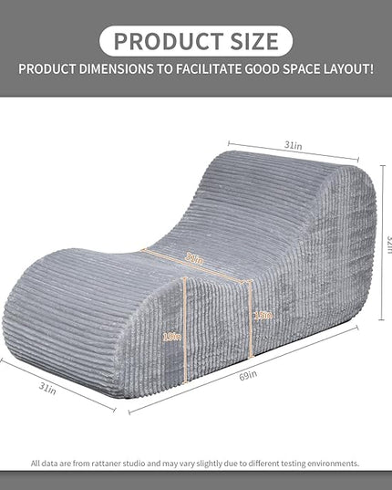 Rattaner Corduroy Chaise Lounge Chair Couch Indoor Boneless Oversized High-Density Sponge Soft Sofa for Yoga, Grey