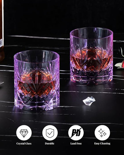 KAMMAK Crystal Whiskey Glasses Set, 8.12 oz (240 ml) Purple Old Fashioned Tumbler, Hand Blown Thick Base Colored Glass with Delicate Rim & Seamless Design for Scotch, Bourbon, Cocktails