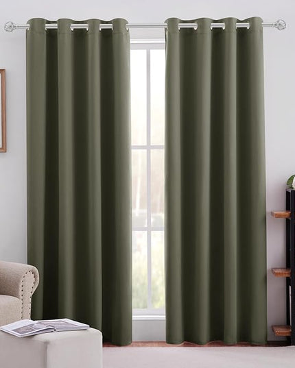 HOMEIDEAS Olive Green Blackout Curtains for Bedroom 52 X 84 Inch Length 2 Panels Set Room Darkening Curtains, Soundproof Thermal Grommet Window Drapes for Living Room for Christmas