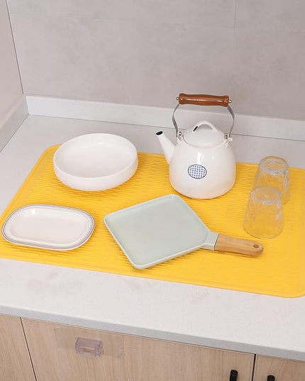 Silicone Dish Drying Mat for Multiple Usage,Easy clean,Eco-friendly,Heat-resistant Silicone Mat for Kitchen Counter or Sink,Refrigerator or Drawer Liner Yellow 3XL 28 inches x 18 inches