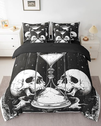 Feelyou Death Moth Comforter Set Queen Size 7 Pieces Comforters Gothic Skull Skeleton Bedding Set Sand Clock Bed Set Bed in a Bag with Comforter, Sheets, Pillowcases & Cushion Covers