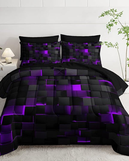 Geometric Violet Black Twin Comforter Set,Light Honeycomb Bedding Set 7 Piece in A Bag,Bed Sheet Set Geometry Decor,Microfiber Lightweight All Season