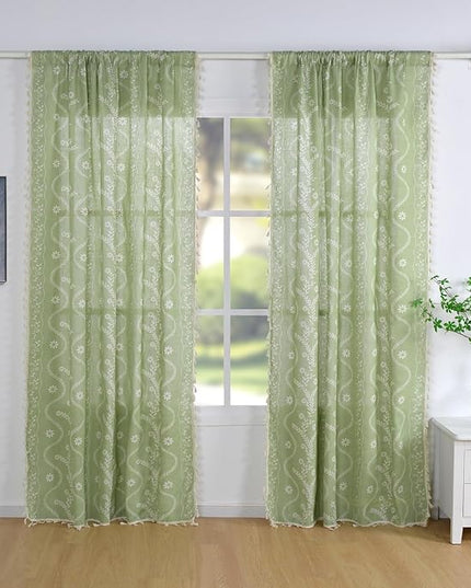 Schweek Sage Green Curtains for Living Room, Boho Semi Sheer Floral Curtains 84 Inches Length 2 Panels, Vintage Farmhouse Printed Patterned Tassels Country Curtain Drapes
