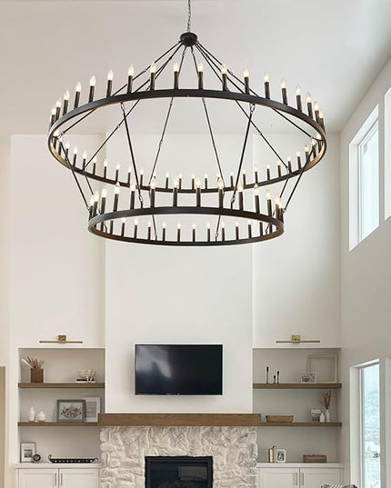 80-Inch Black 2 Tier Wagon Wheel Chandelier, 80-Light Double Tier Extra Large Foyer Lighting, Candle Industrial Round Iron Chandelier for High Ceilings, Dining Room, Entryway, E12