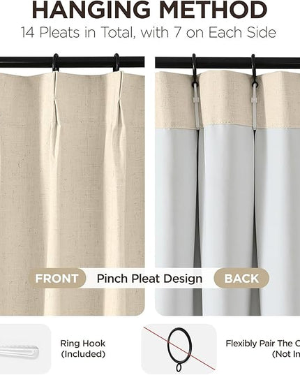 Joydeco 100% Blackout Pleated Curtains, Linen Window Curtains 2 Panel Sets 108 inches Long, Thermal Insulated Darkening Drapes for Bedroom(Bleached Sand,40'' Wx108'' L)