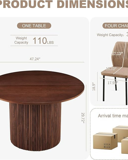 Dining Table Set for 4, 47" Wooden Round Kitchen Table with PU Leather Chairs for Kitchen Room and Small Spaces(Walnut Table + 4 Beige Chairs)