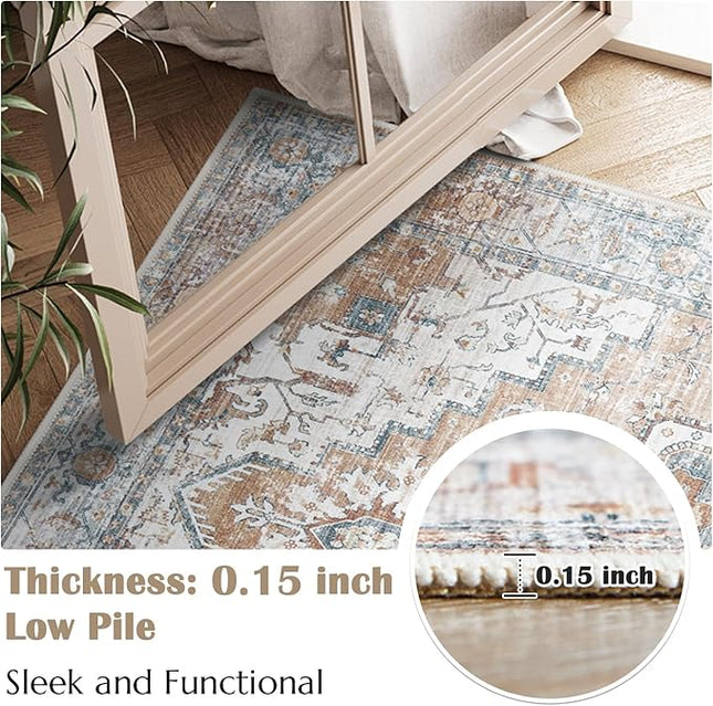 jinchan Runner Rug 3x8 for Hallway - Kitchen Machine Washable Vintage Floral Non-Slip with Rubber Backing Ultra-Thin Low-Pile Carpet Runner for Entryway Bedroom Laundry Room (3x8ft, Orange)