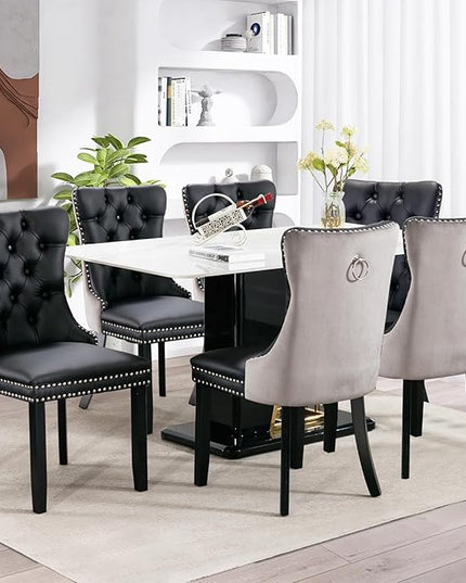 SoarFlash Leather Dining Chairs Set of 8, Tall Back Side Chair, Modern Upholstered Side Chair with Button Back Ring, Solid Wood Legs (Black&Grey)
