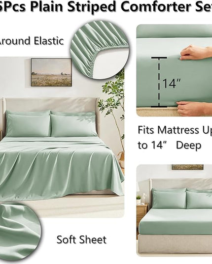 CozyLux Twin XL Comforter Set Sage Green, 5 Pieces Twin Extra Long Bed in a Bag for College Dorm, All Season Bedding Set with Stitch Quilted Comforter, Flat Sheet, Fitted Sheet, Pillowcases