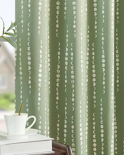 jinchan 95% Blackout Boho Curtains 90 Inches Long Sage Green Moon Phases Printed Drapes Rod Pocket Back Tab Thermal Insulated Curtains for Bedroom Nursery Window Drapes Curtain Set 2 Panels