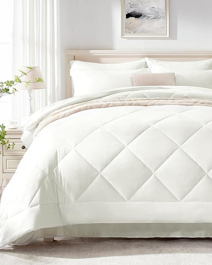 Love's cabin California King Comforter Set Ivory, 7 Pieces California King Bed in a Bag, All Season Bedding Sets with 1 Comforter, 1 Flat Sheet, 1 Fitted Sheet, 2 Pillowcase and 2 Pillow Sham