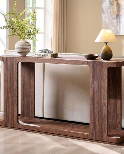 OKD 63 Inch Modern Entryway Console Table, 2-Tier Long Sofa Table Behind Couch with Curved Edge, Wood Farmhouse Narrow Entry Table for Hallway, Living Room, Foyer, Entrance, Rustic Walnut