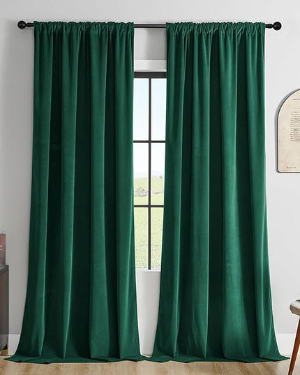 Joydeco Dark Green Velvet Curtains 96 inch Length 2 Panels Burg Set, Luxury Rod Pocket Thermal Insulated Window Blackout Curtain, Room Darkening Drapes for Living Dining Room Bedroom Privacy