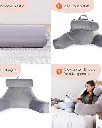 LINENSPA Reading Pillow with Shredded Memory Foam- Back Pillow for Sitting in Bed, Reading, Gaming, Watching TV – Chair Pillow with Arms, Dorm Room Essentials, Stone