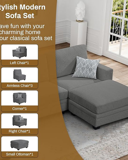 Legend Vansen Oversized Modular Sectional Sofa,7 Seat U Shaped Couch with Ottoman,Corduroy Sofa with Deep Seat,Convertible Large Sectional Couches for Living Room (Grey, L-9）