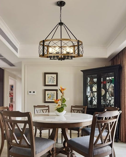 Modern Chandelier for Dining Room, 6-Light Wood Grain Finish Farmhouse Chandelier, 22.5” Rustic Drum Hanging Light Kitchen Island, Round Metal Hanging Light Fixture for Foyer, Entryway, Bedroom