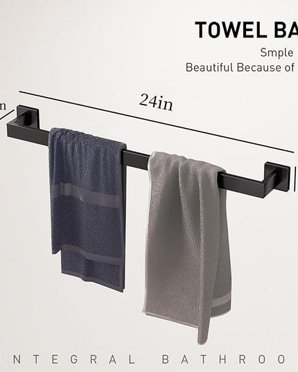 10-Pieces Matte Black Bathroom Accessories Set, Stainless Steel Bathroom Hardware Set, Towel Racks for Bathroom Wall Mounted 24 Inch Bath Towel Bar Set.