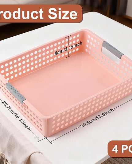 4 Pack Turn in Trays Classroom, Classroom Organization, Plastic Storage Paper Tray Holds, Storage Baskets with Handles, Paper Trays for Classroom Office Home Drawers, Pink