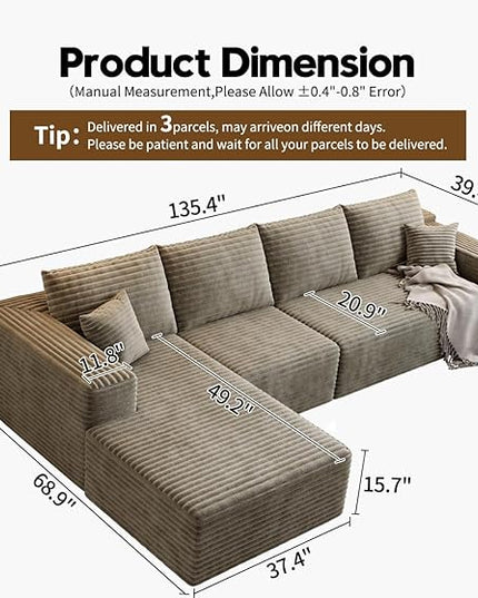 135.4" Cloud Modular Sectional Sofa Couch with L-Shape Chaise,Modern Minimalist Upholstered Couches for Living Room Bedroom,Deep Seat Corner Couch，No Assembly Required (Camel,Left Facing Chaise)