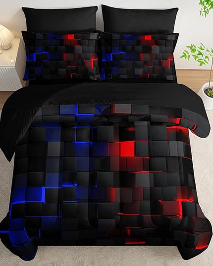 Red and Blue Checkered Comforter Set King Honeycomb Bedding Sets,Light Honeycomb Bedding Set 7 Piece in A Bag,Bed Sheet Set Geometry Decor,Microfiber Lightweight All Season