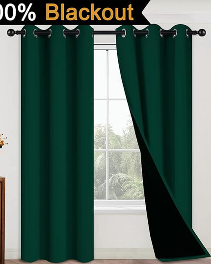Yakamok 100% Blackout Curtains for Bedroom with Black Liner, Thermal Insulated 2 Layer Full Room Darkening Noise Reducing Grommet Blackout Drapes (42Wx84L,Dark Green, 2 Panels)