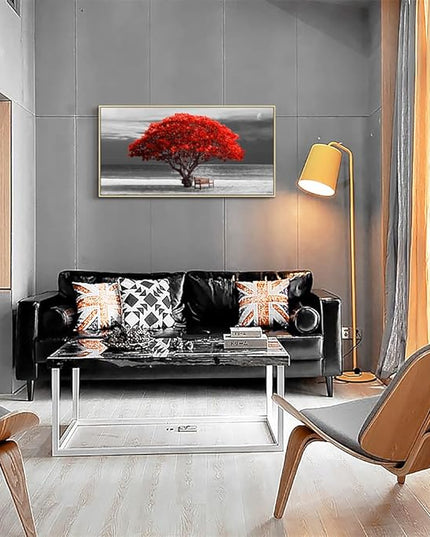 Framed Canvas Wall Art For Living Room Large Size Wall Decor For Bedroom Black White With Beach Wall Painting Moon Red Trees Canvas Pictures Artwork Boho Home Decorations Natural Wood Framed 24" X 48"
