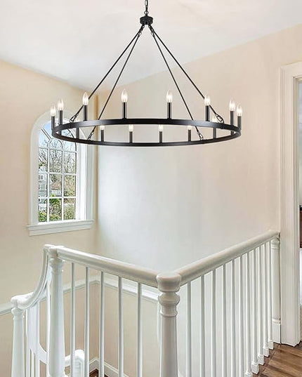 16-Lights Wagon Wheel Chandelier 47 Inch Black Chandelier Light Fixture Farmhouse Chandeliers for Living Room Foyer Chandeliers for High Ceilings Round Pendant Light for Dining Room Entryway