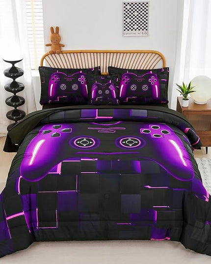 PERFEMET 6 Pieces Gamer Comforter Sets Twin Size Purple Game Console Boys Bed in A Bag 3D Cool Black Gaming Bedding Set for Kids Teen Lightweight Gamepad Bedroom Set(Purple, Twin)