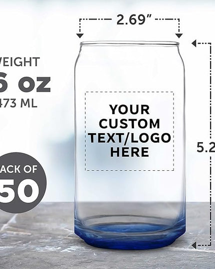Custom Beer Can Glasses Set of 50, 16 oz. Pint Sized, Promotional Text, Logo, Soda Can Shape, Glassware, Blue