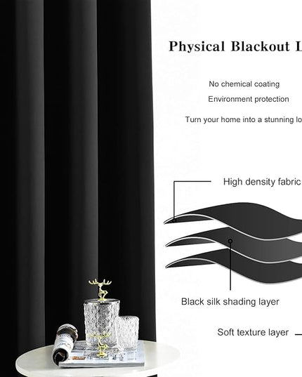 Blackout Curtains for Bedroom Thermal Insulated Light Blocking Room Darkening Curtains Solid Grommet Window Drapes for Living Room, Set of 2 Curtain Panels 52 W x 63 L inch Long Black