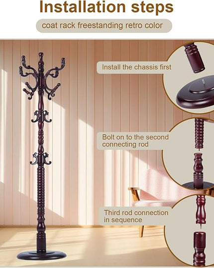 Coat Rack Freestanding with 18 Hooks, Wooden Standing Coat Racks for Entryway, Solid Wood Clothes Hanger Rack with Sturdy Round Base for Entryway, Hall, Bedroom, Office, Hallway