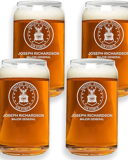 Custom Military Beer Glass Set - 4 Personalized 16 oz. Glasses for Army, Navy, Air Force & Coast Guard - Great for Active & Retired Service Members (BEER CAN)