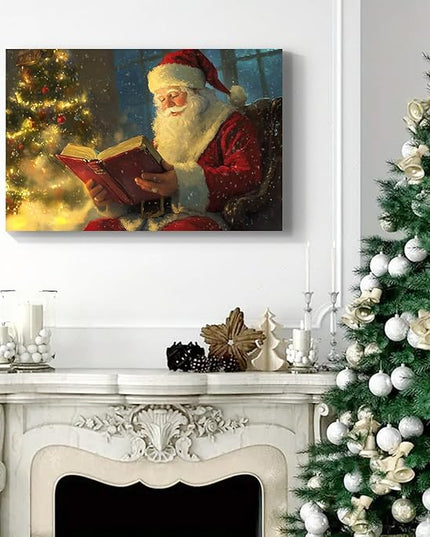 YONICA Christmas Wall Decor Santa Canvas Wall Art Home Decorations 16x12 Inches - Santa Pictures Santa Claus Reading Bible Christmas Pine Tree Prints Winter Painting Xmas Artworks for Living Room