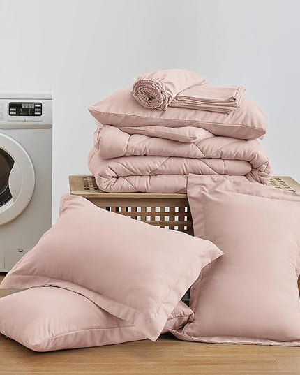 Love's cabin California King Comforter Set Pink, 7 Pieces California King Bed in a Bag, All Season Bedding Sets with 1 Comforter, 1 Flat Sheet, 1 Fitted Sheet, 2 Pillowcase and 2 Pillow Sham