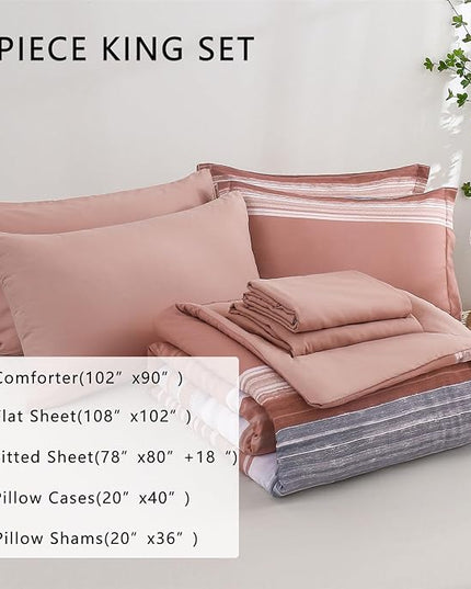 KAKIJUMN 7 Piece Bed in a Bag Stripe Comforter Set King Size, White Grey Blush Pink Patchwork Striped Comforter and Sheet Set, All Season Soft Microfiber Complete Bedding Sets(Pink,King)
