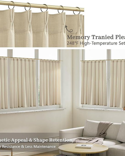 Linen Pinch Pleated Curtains 63 Inch Long, Cream Beige Curtain 2 Panels for Dining Room Kitchen Pleat Drapes with Hooks Rings Light Filtering Short Window Curtain Cabinet 40" x 63"