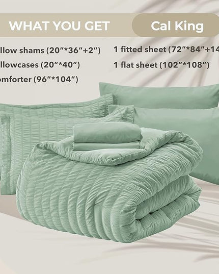 HYMOKEGE Sage Green California King Comforter Set Seersucker 7 Pieces, All Season Luxury Bed in a Bag for Bedroom, Bedding Set with Comforters, Sheets, Pillowcases & Shams