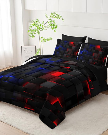 Red and Blue Checkered Comforter Set King Honeycomb Bedding Sets,Light Honeycomb Bedding Set 7 Piece in A Bag,Bed Sheet Set Geometry Decor,Microfiber Lightweight All Season
